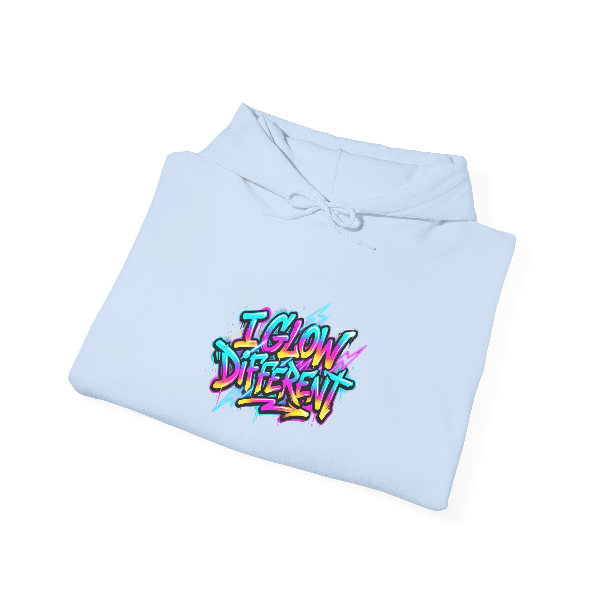 I Glow Different Hoodie — Colorful Graffiti Streetwear Pullover