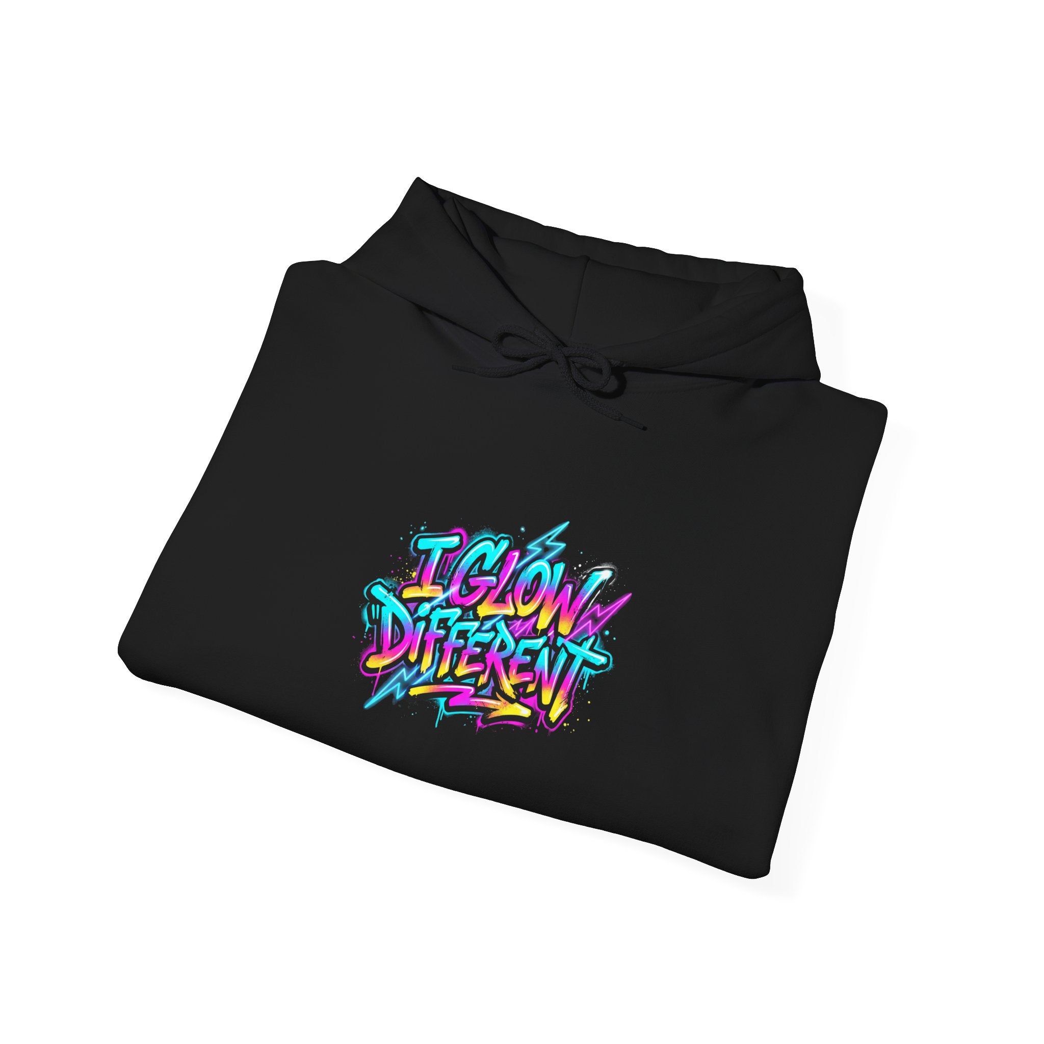 I Glow Different Hoodie — Colorful Graffiti Streetwear Pullover