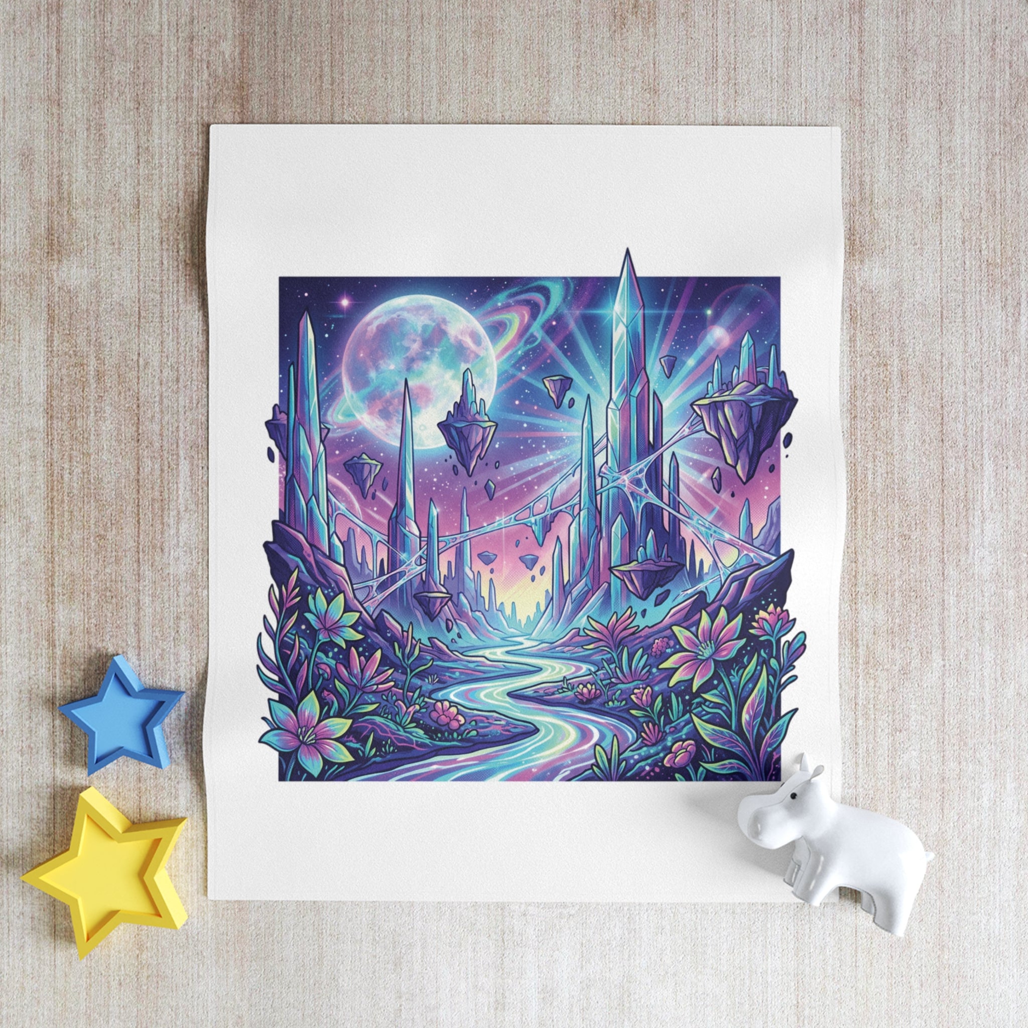 Cosmic Crystalland Throw Blanket — Neon Fantasy Landscape Blanket