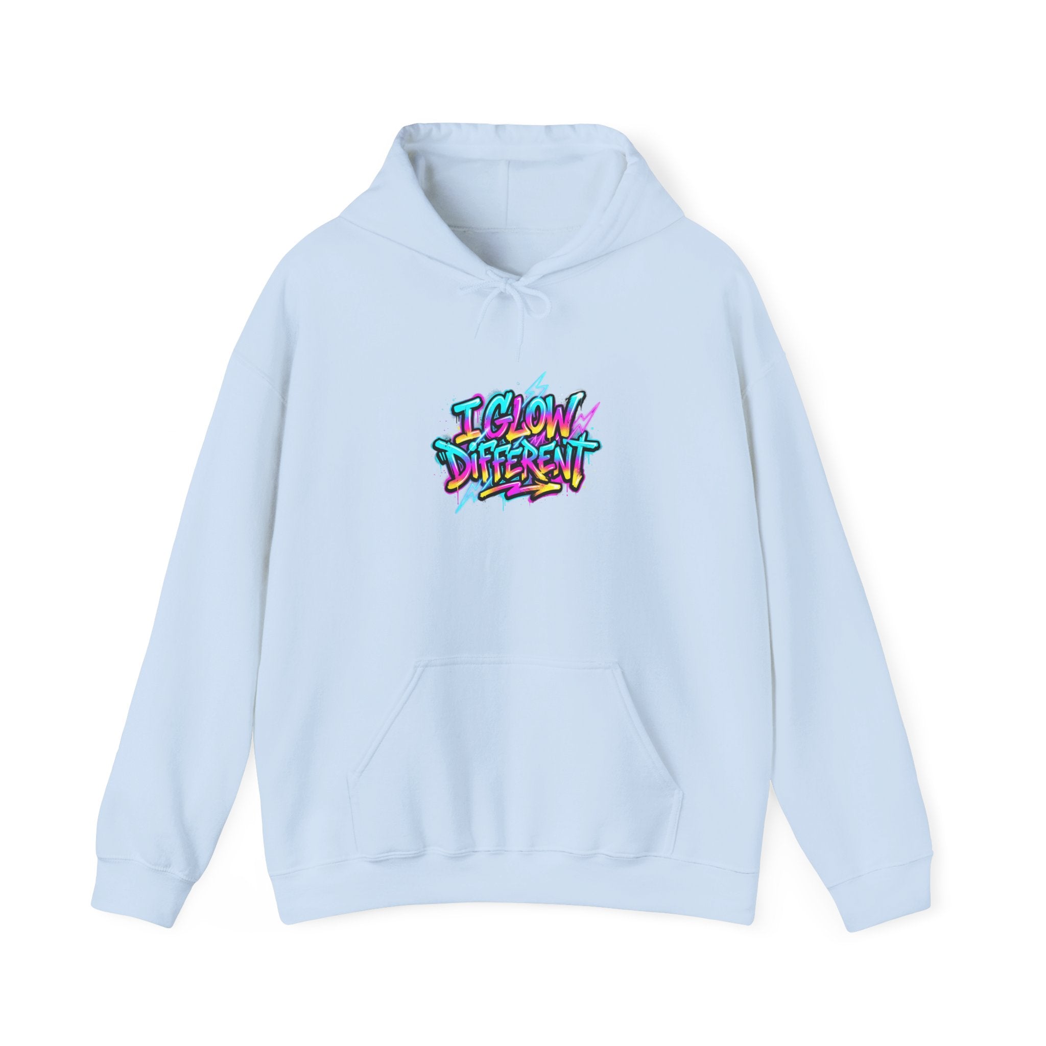 I Glow Different Hoodie — Colorful Graffiti Streetwear Pullover
